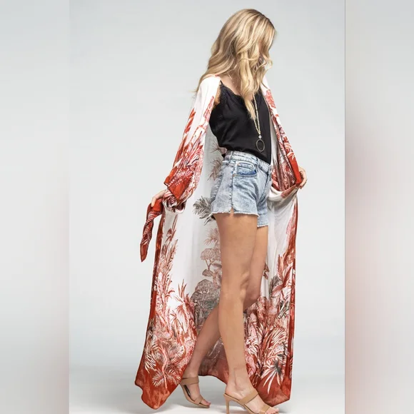 Stunning Kimono w/ Detailed Exotic Japanese Plants & Bonsai Tree Print - Picture 6 of 11